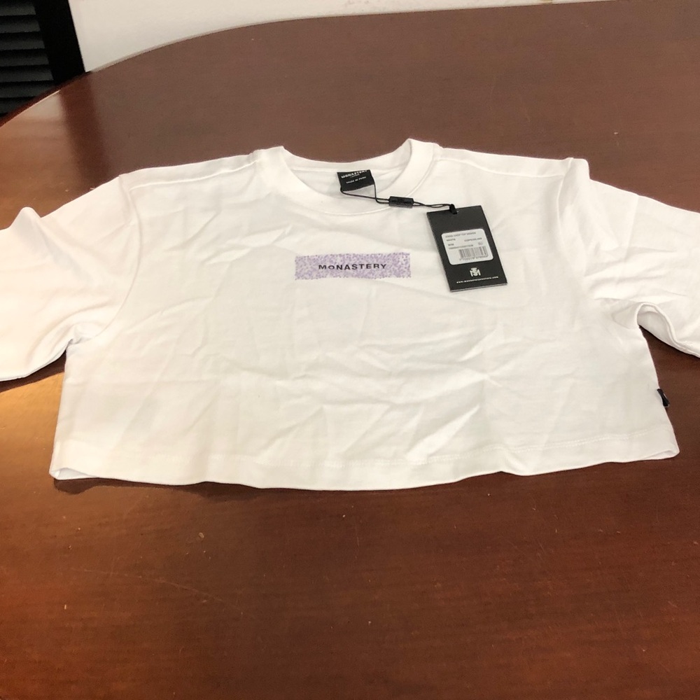 Women’s White Monastery Cropped Tee with Purple Logo Sz medium brand new